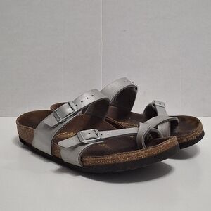 Birkenstock Mayari Sandals Womens  US 5.0 -5.5 Silver Leather Toe Loop Cork Sole